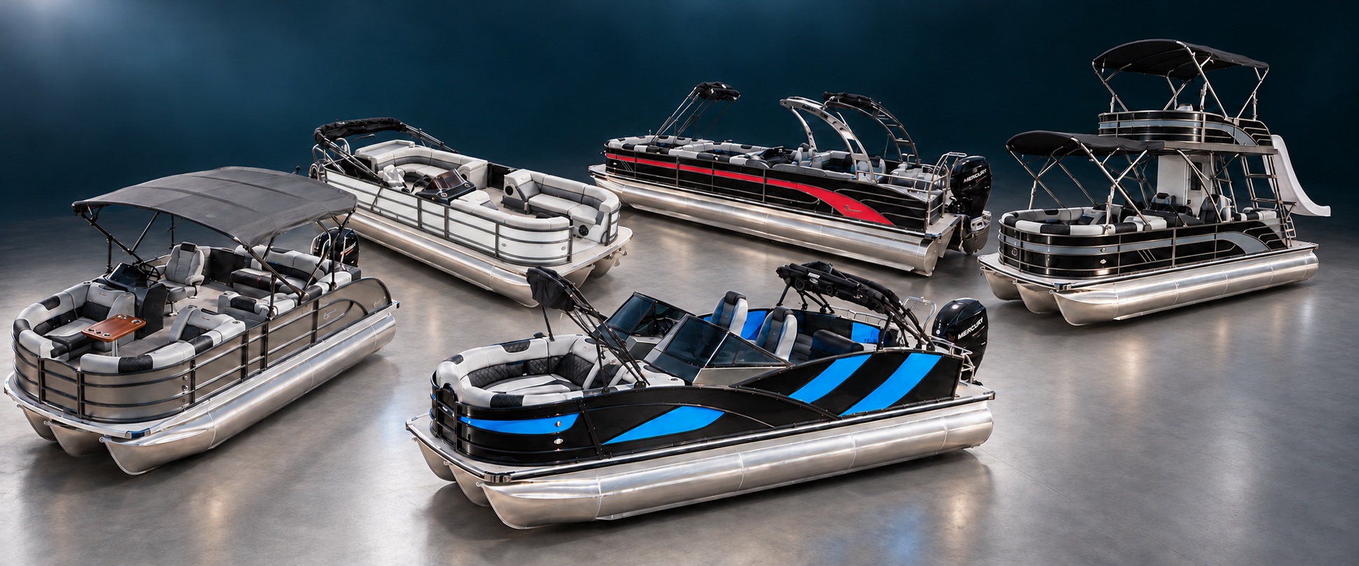 Five Massimo Marine boat series arranged in a studio: P-22, 24 ft, T-25, T-30 and Double Decker. Studio lineup.